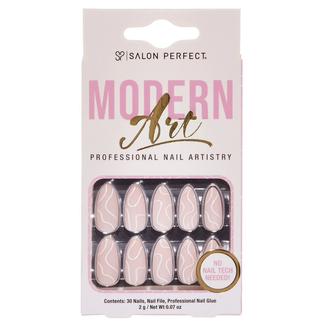 Salon Perfect Modern Art Press On Nails Matte Almond Glossy Swirl Design, 30 Pcs