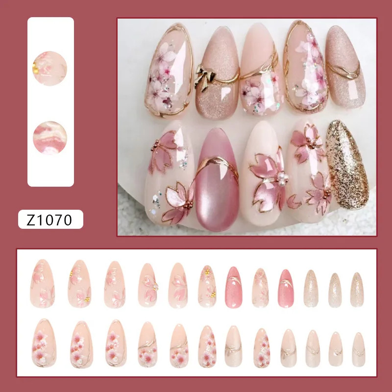 24pcs Red Love Diamond Glitter French Almond Press On Nails Y2k Gold Bow