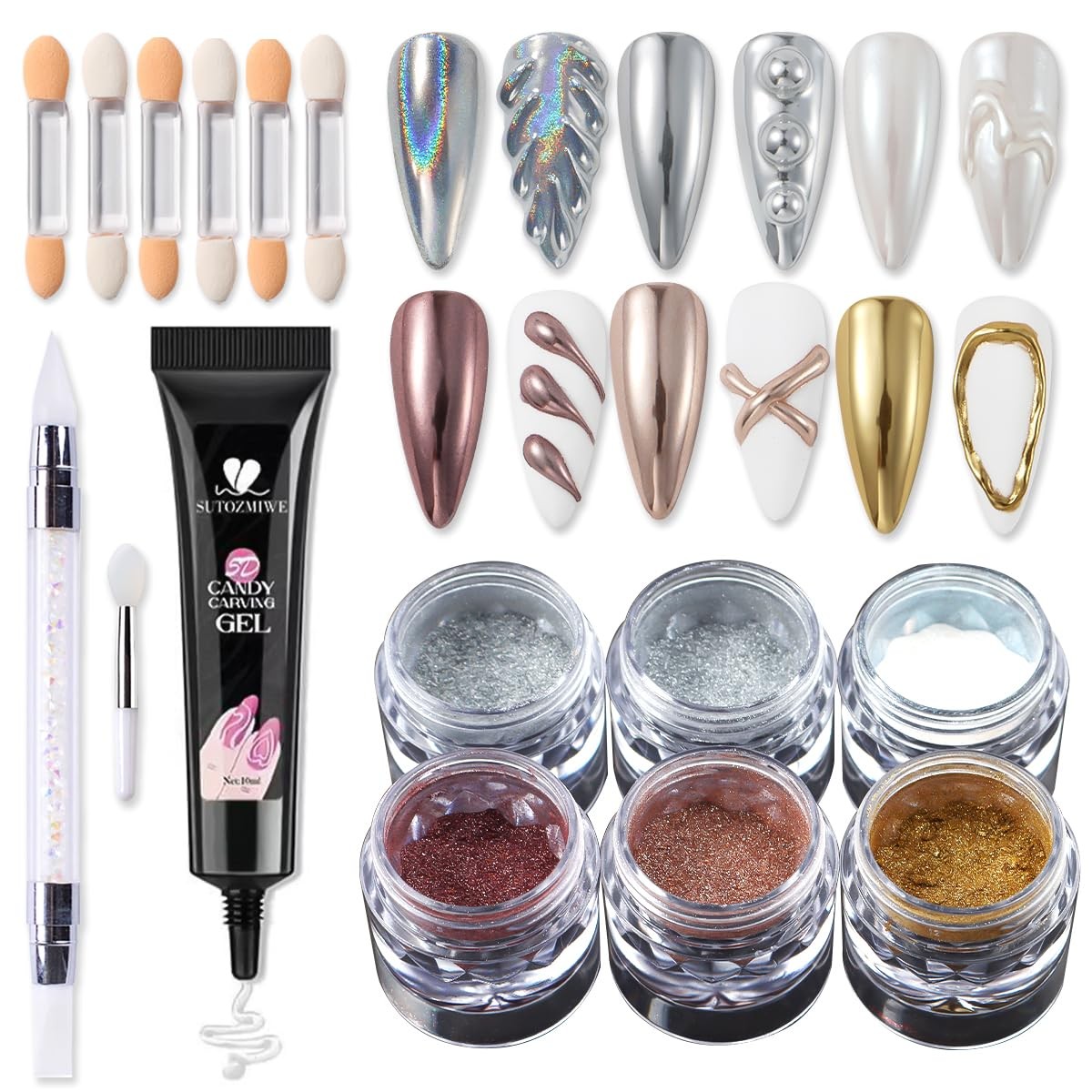Chrome Nail Powder Metallic Gold And Sier, Magic Mirror Effect Pient