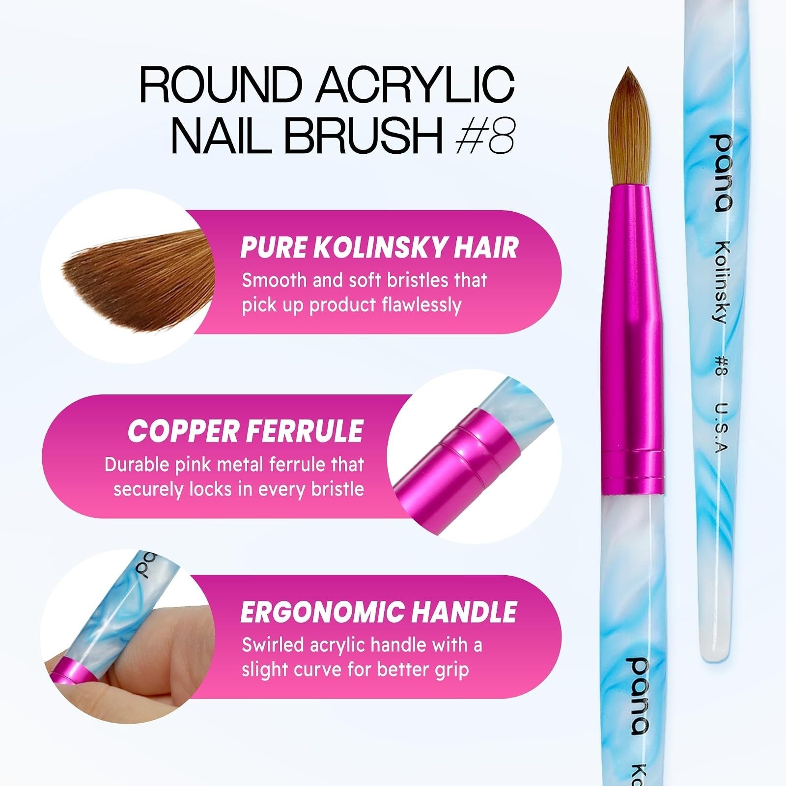 PANA Acrylic Nail Brush Kolinsky Hair Size 8 Blue Swirl Handle