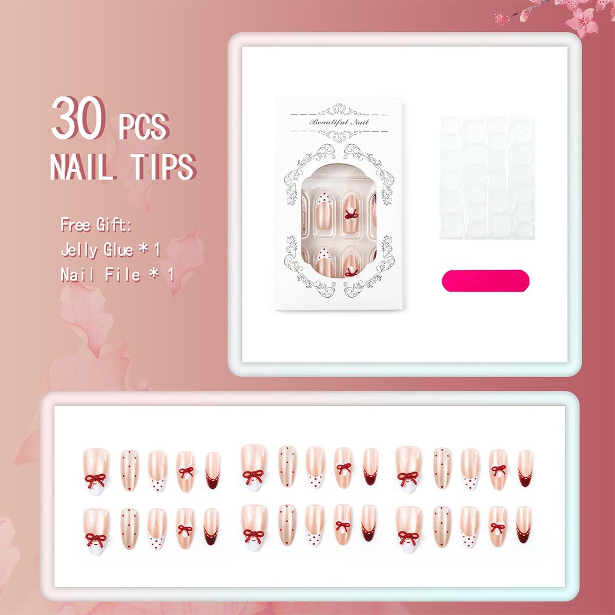 French Tip Press on Nails Medium Almond Cute Red Bow Fake Nails with Polka Do…