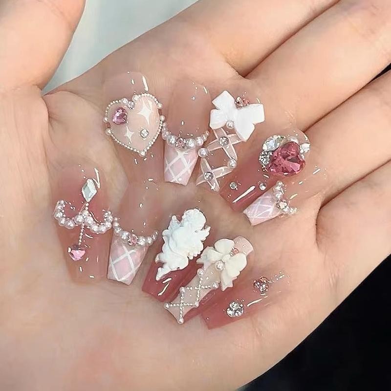 Handmade Colorful Full Stone Press On Nails Short Square Shimmery False Nails