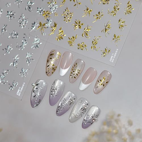 Gold Silver Flower Leaf Nail Art Stickers 2 Sheets Self Gold Silver Leaf-4