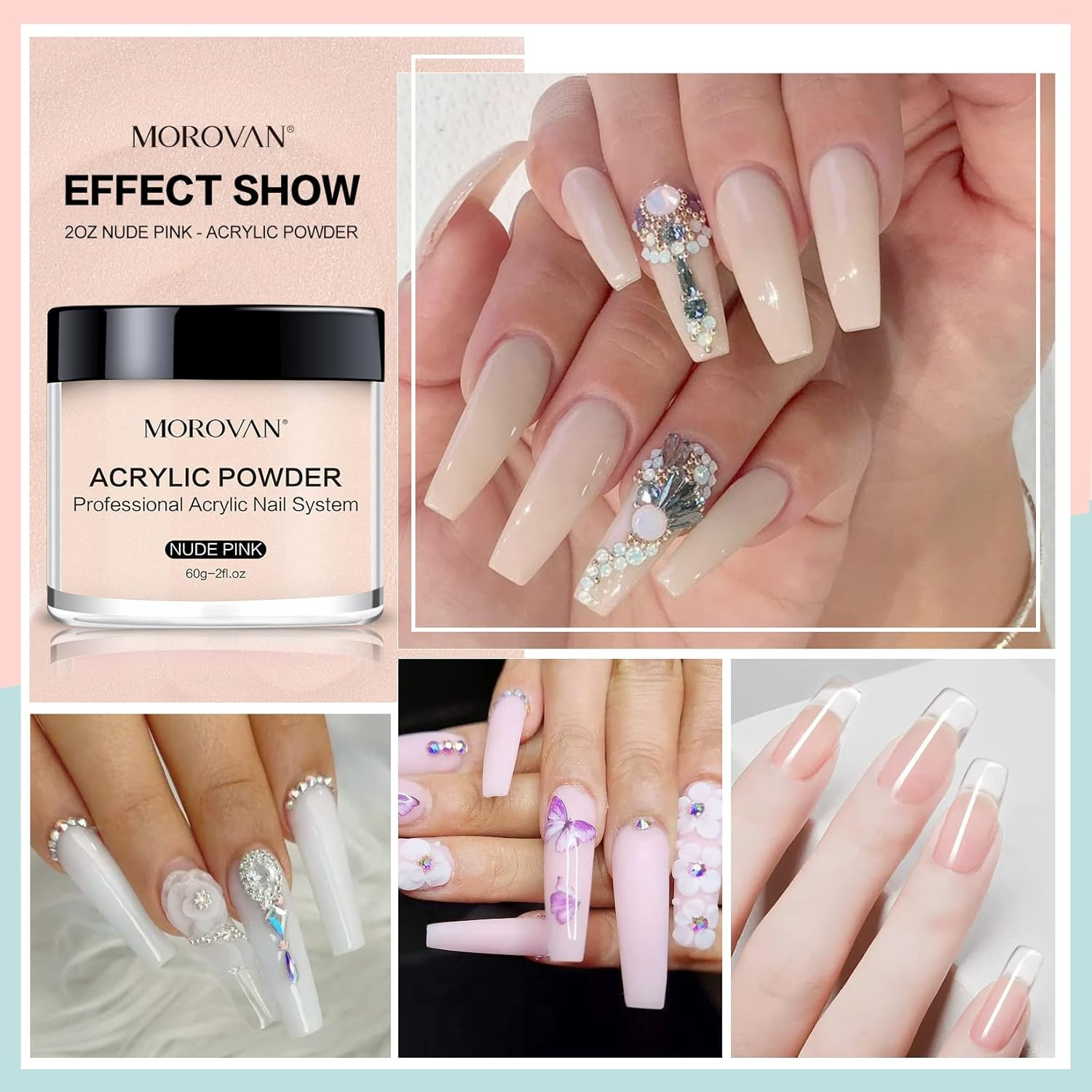 Acrylic Nail Powder Set: 4 Colors Clear Nude Pink White Acrylic Powder for Nail