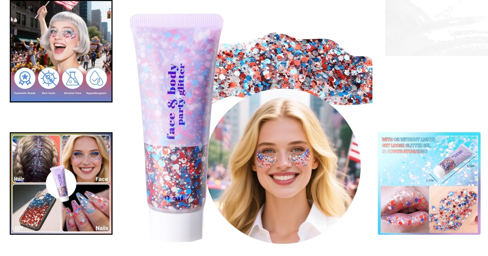 Vivid Red White Blue Body Glitter Gel – Perfect for 4th of July Celebrations