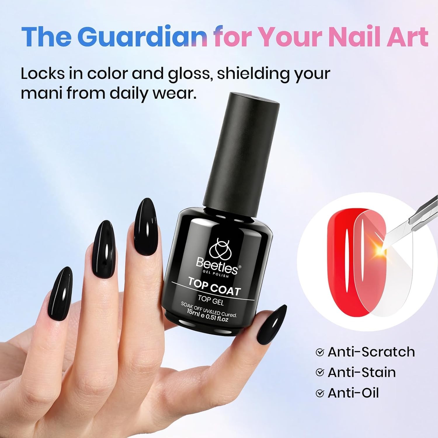 Beetles 2 Pcs 15ml No Wipe Gel Top Coat and Base Coat Set | Long Lasting Soak Of