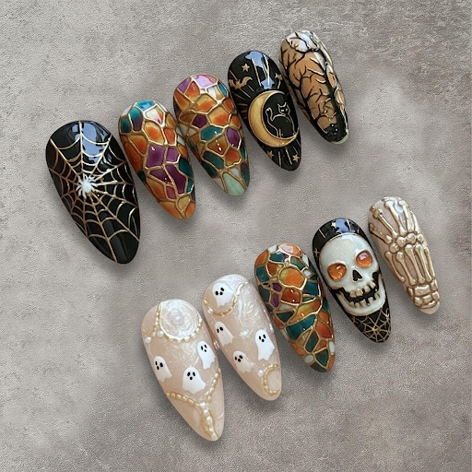 Custom Handmade Halloween Stained Glass Ghost Skull Spider Almond Press on Nail