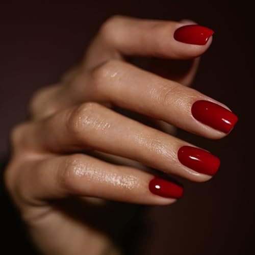 48Pcs Wine Red Press on Nails Short Square Fake Nails, square glossy wine red