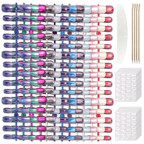 360 pcs Cat Eye Press on Nails – 12 Colors Glossy Glitter Aurora Cat Eye Shades
