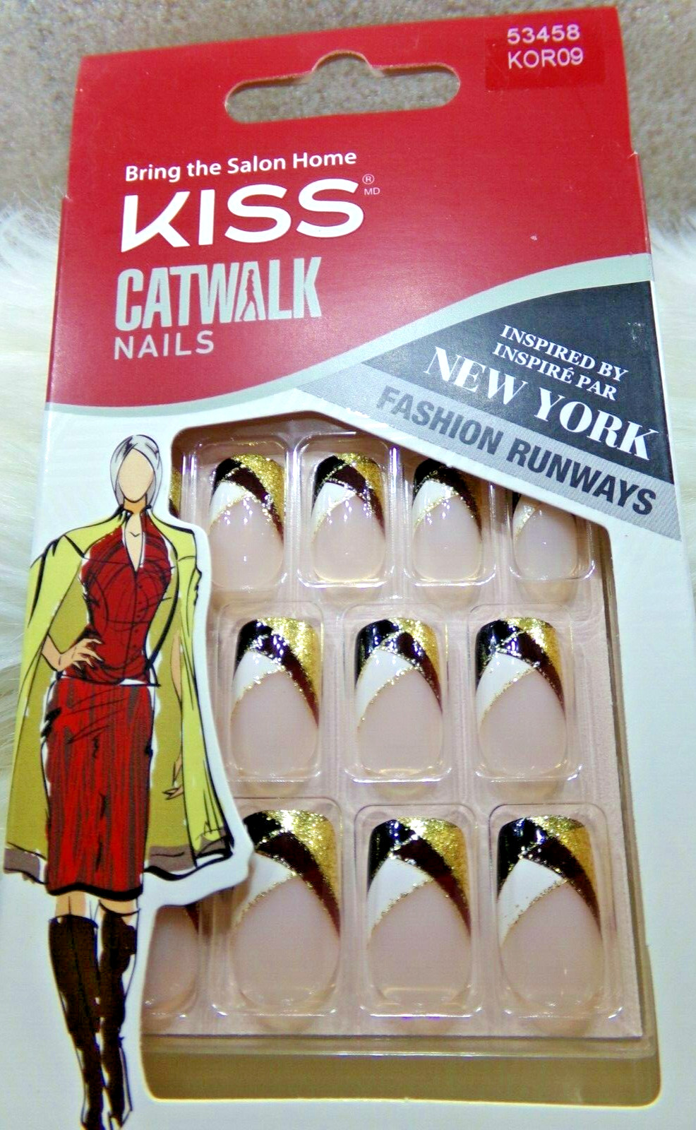 Kiss Catwalk Gold and Black French Artificial glue on Nails Medium KOR09 MODERN