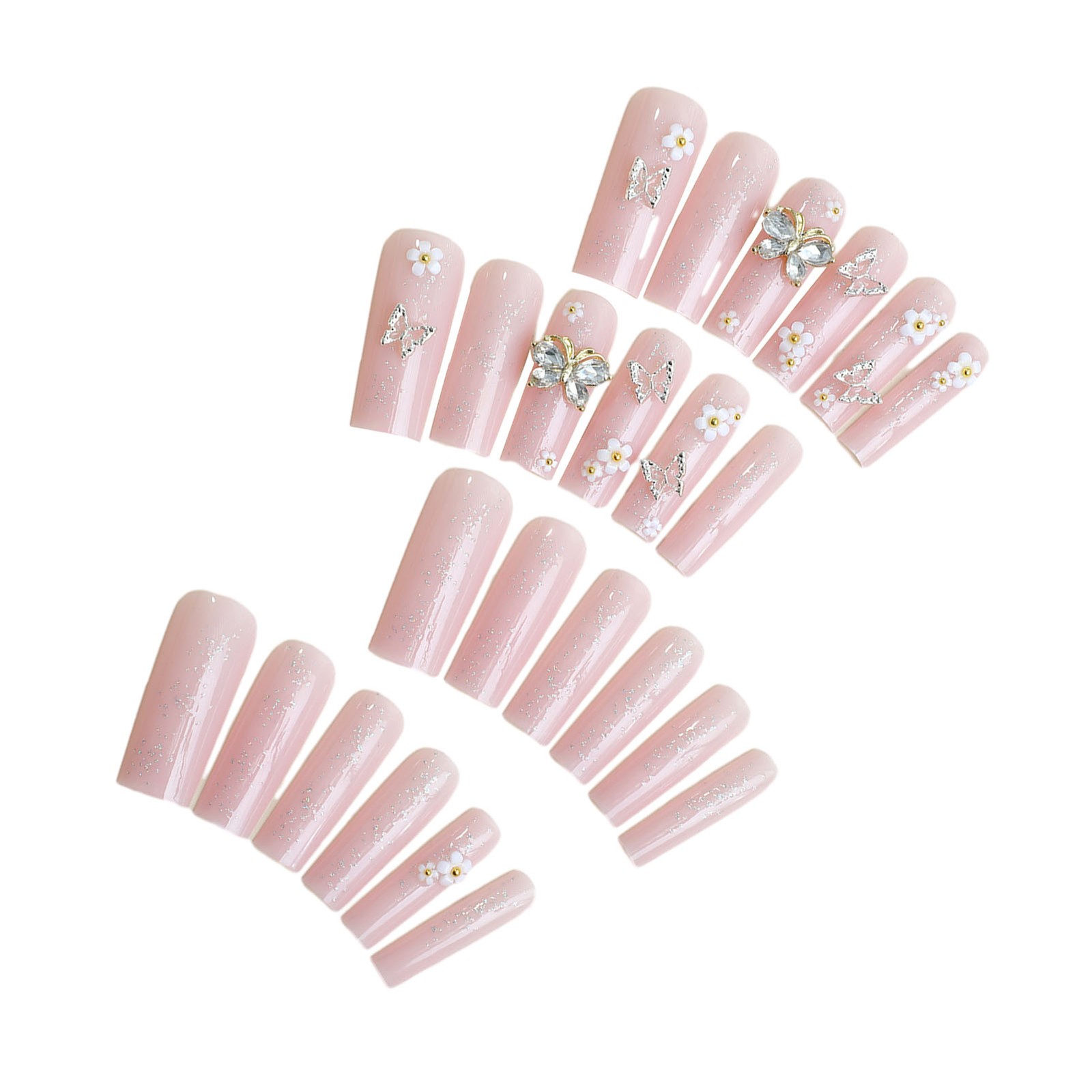 Elegant Long Nail Art Decals Silver Rhinestone Flower Butterfly Design 24 Pieces