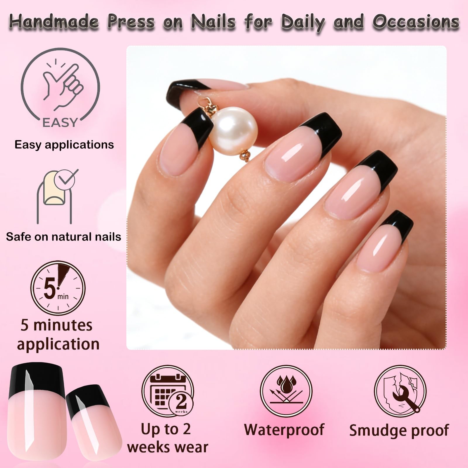240pc Black French Tip Press on Nails Medium Square Fake Nails, French Nails …