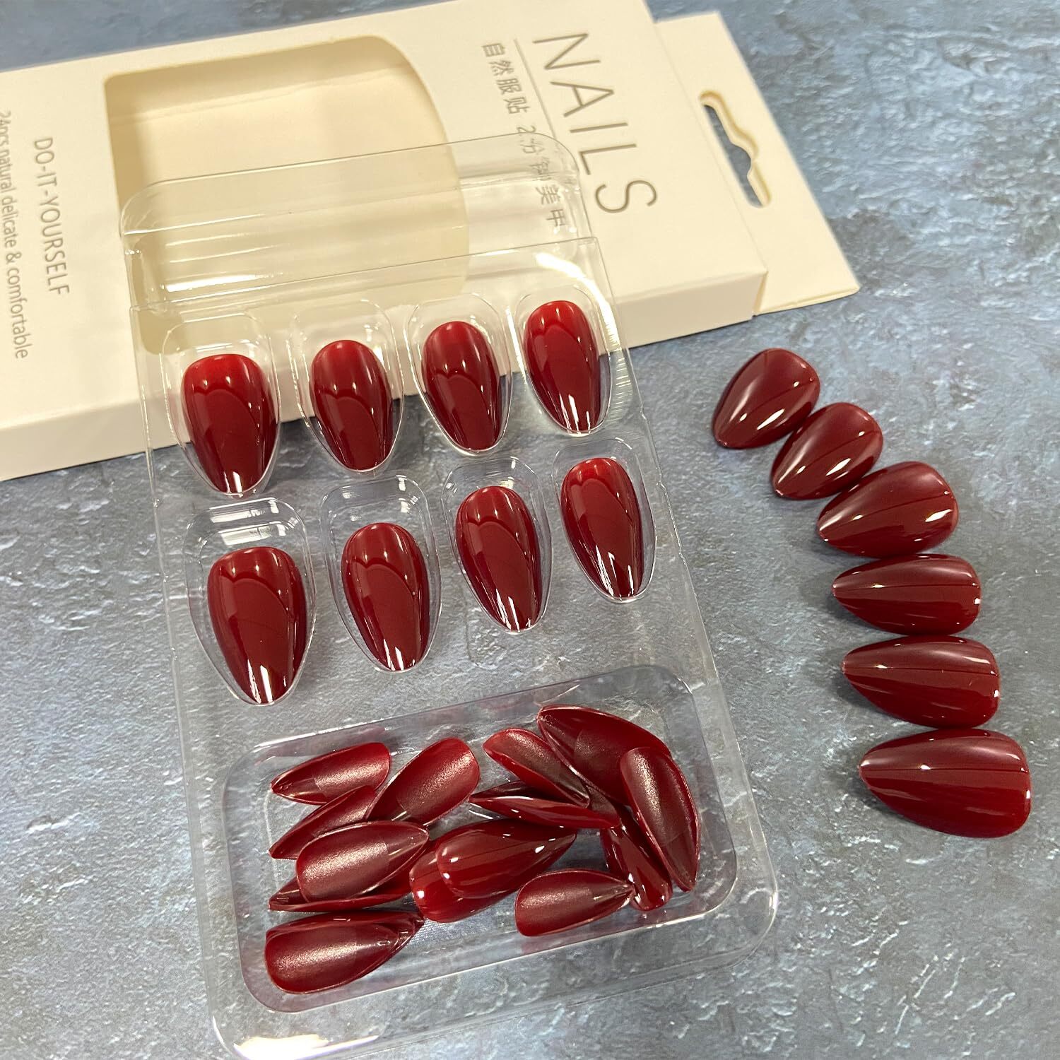 24× Wine Red Solid Color Fake Nails Reusable Medium Almond Press on Nails Glossy