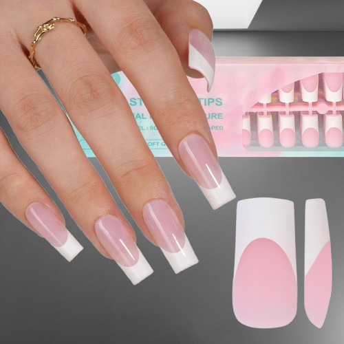 French Gel Nail Tips, 240Pcs French Tip Press on Nails Long Square Pink, No Need