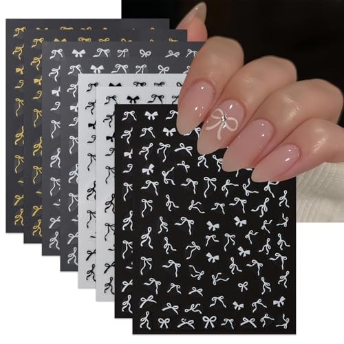 8 Sheets Colorful Bow Nail Art Stickers 3D Self-Adhesive Black White Gold bow