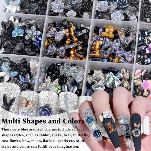 850 Pieces 3D Butterfly Rose Flower Bow Rabbit Bear Nail Charms Kit with Black