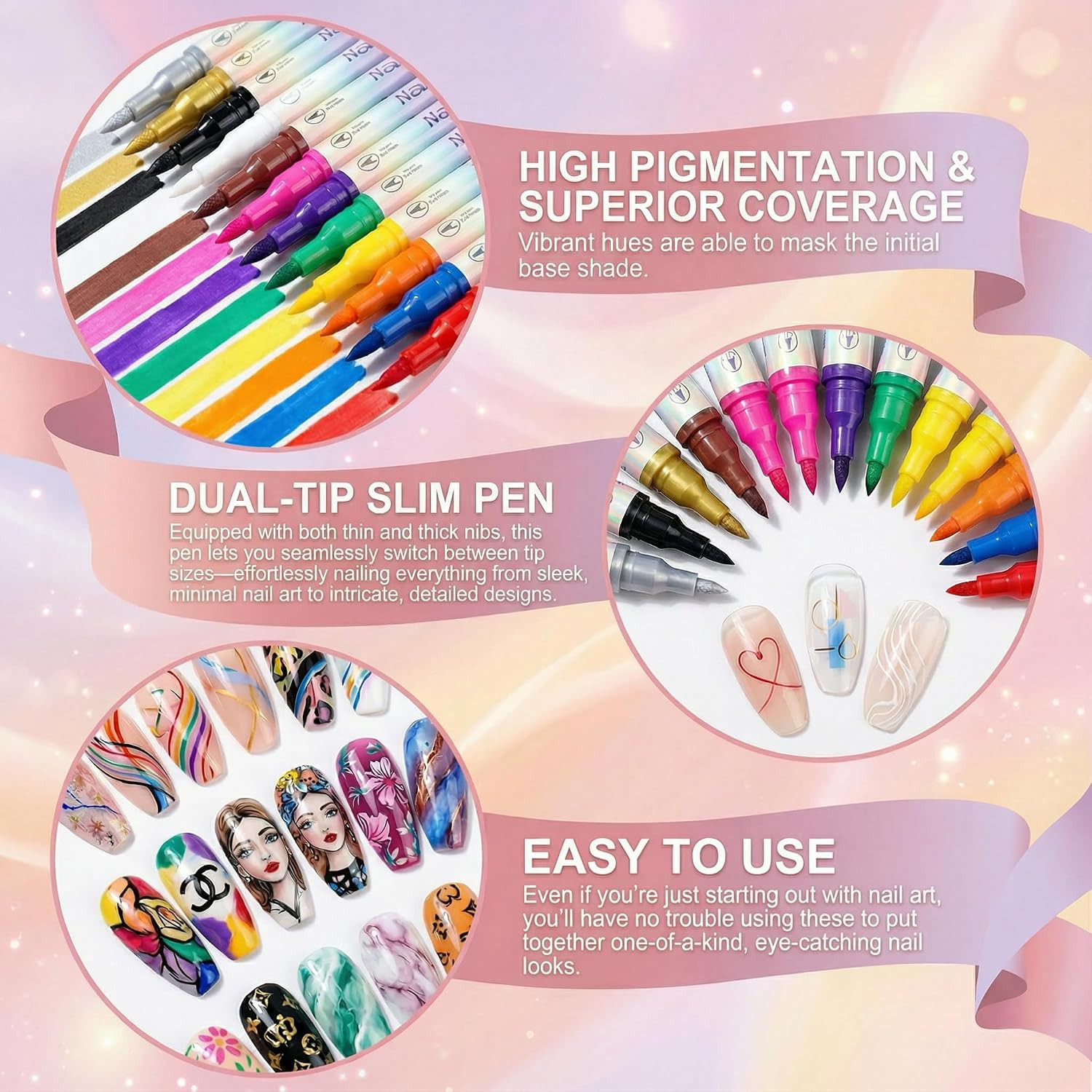 12 Colors Double-Ended Nail Art Markers Set, 3D Nail Polish Pens with Liner Brus