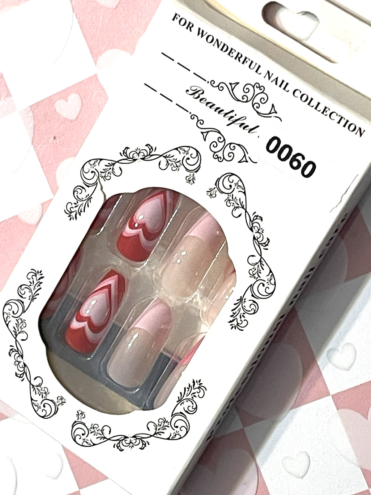 For Wonderful Nail Collection NUDE with PINK & RED FRENCH TIP & HEART DETAILS