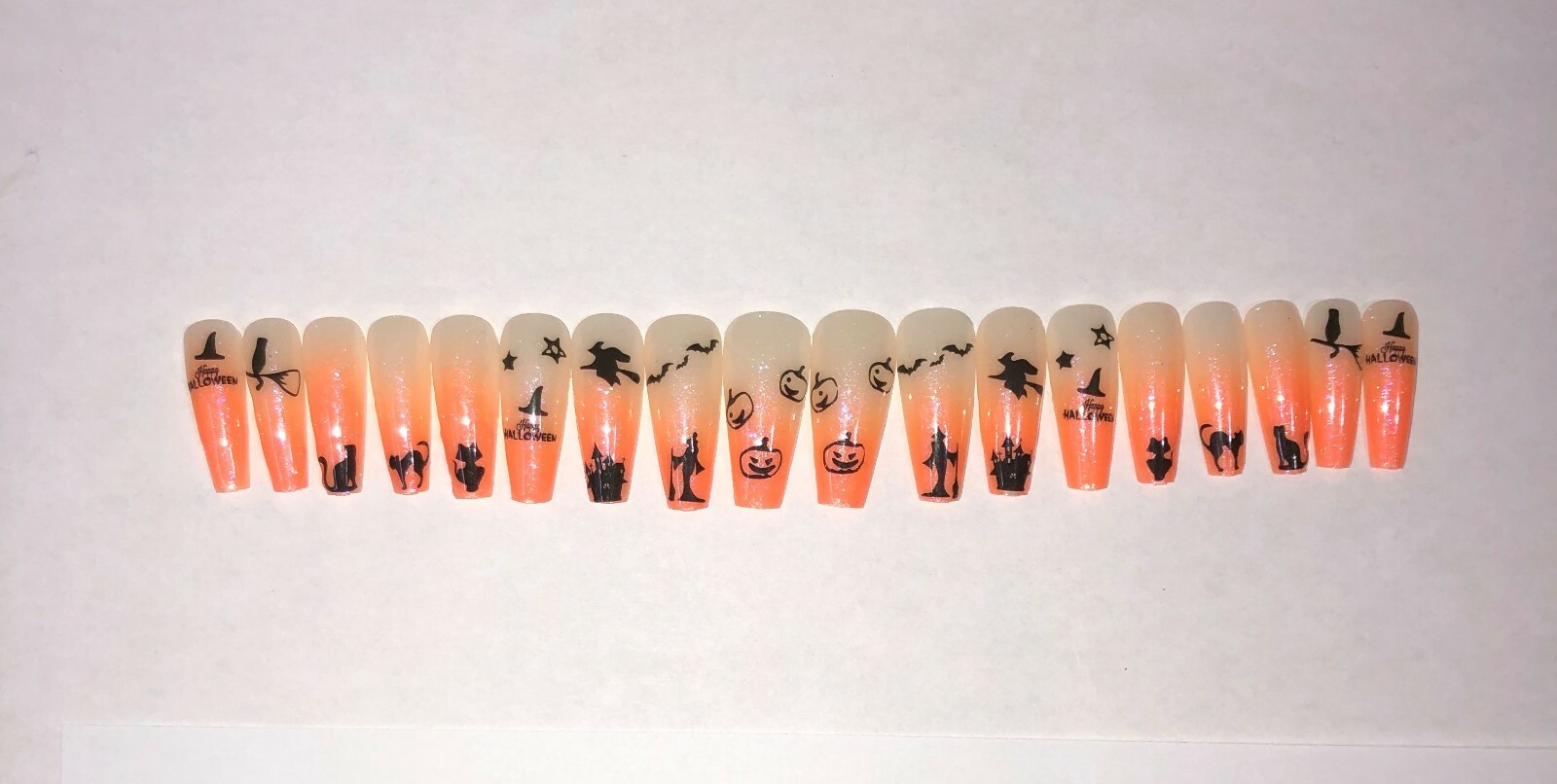Orange Sparkle- press on nail set-(Set of 18 sizes 0-8) Ex Long Ballerina