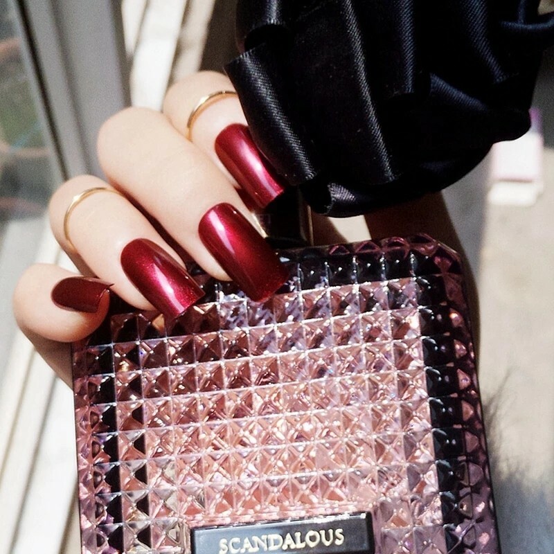 24 Medium Square Dark Red Press On Nails goth wine burgundy glue on kit satin