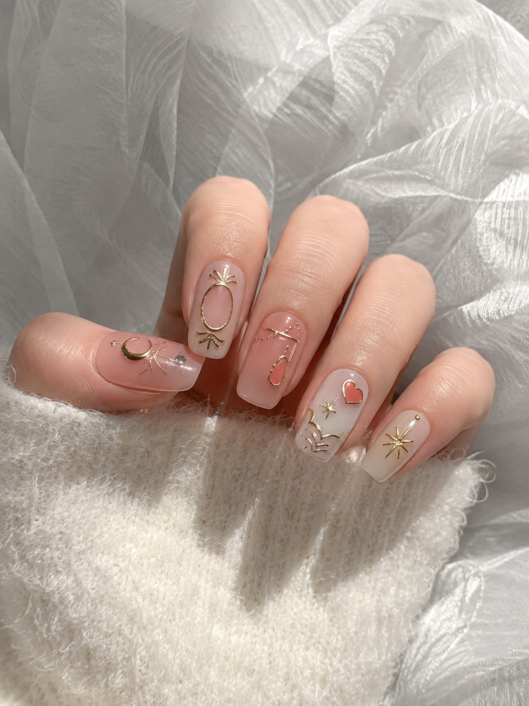 Celestial Moon and Stars Press-On-Nails | Nude Pink Square Nails – Extra Small