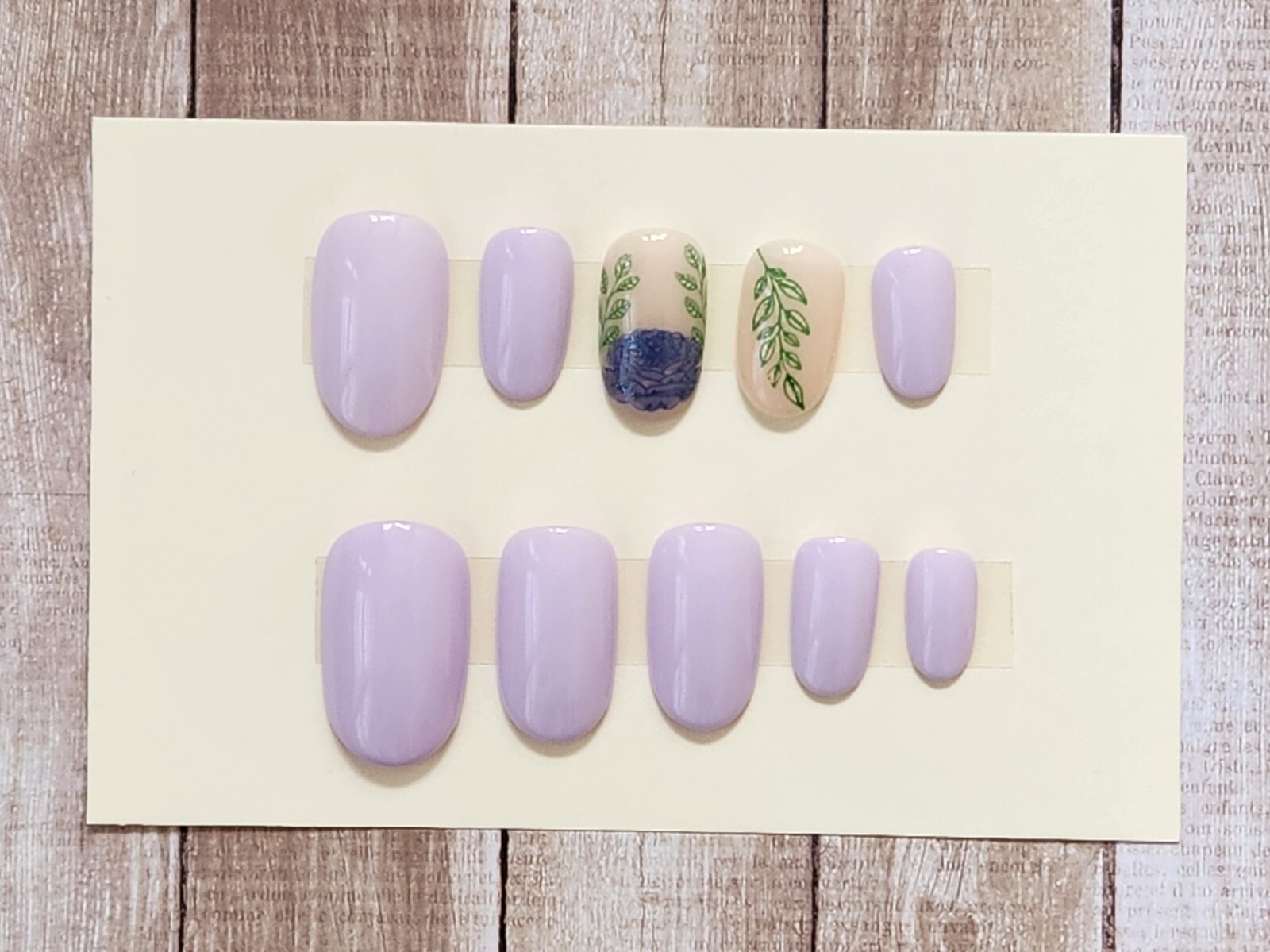Custom Press On Handmade Gel Nails Lilac Flower Greenery Oval Short 20 Tips