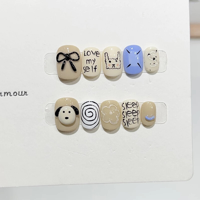 Handmade French Handpainted Cute Animal 3D Bow Fake Nail Short Press On Nail Set