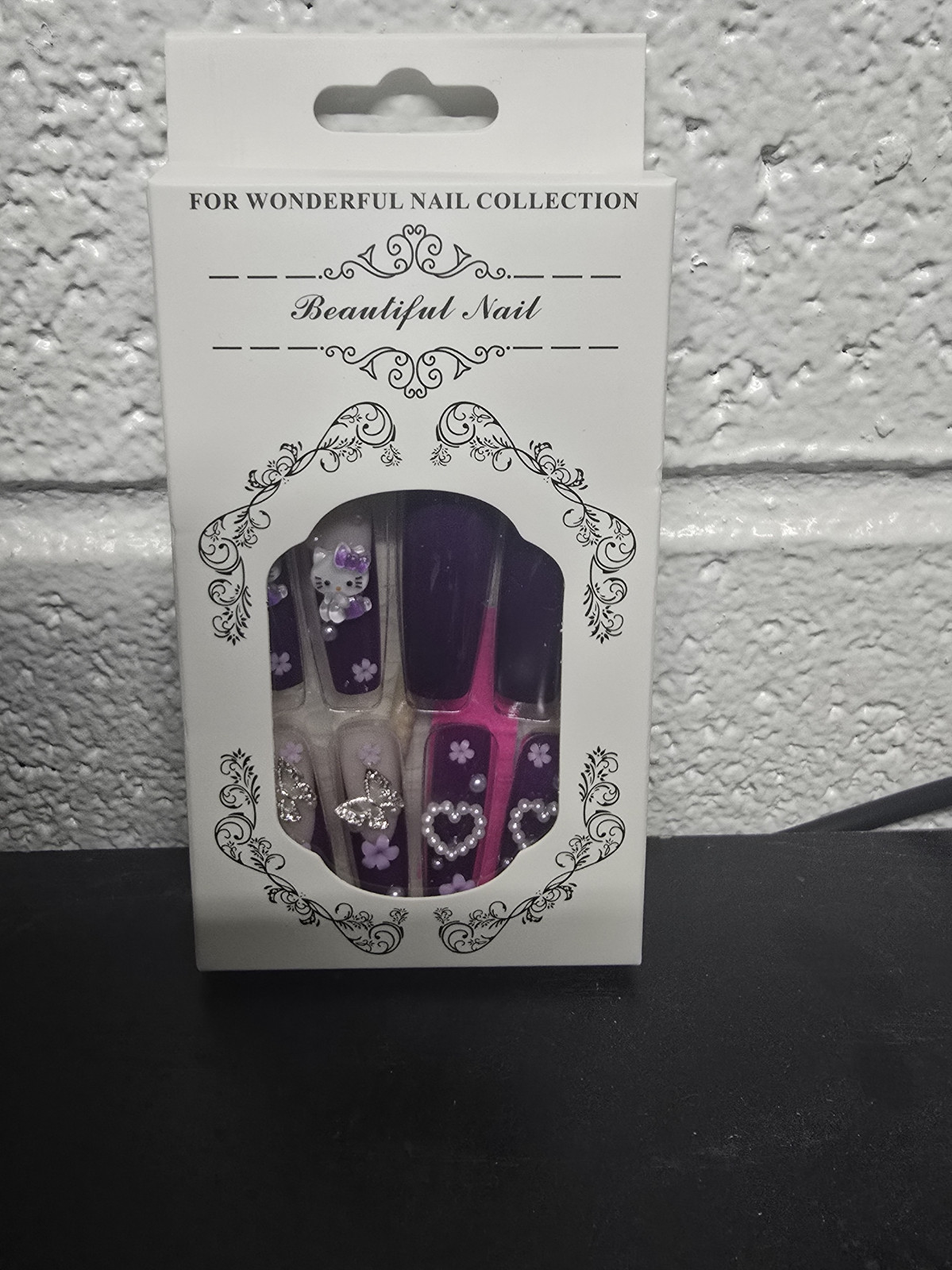 Love Pearl French Artificial Fingernails Purple Hello Kitty Cat Nail Art Silver