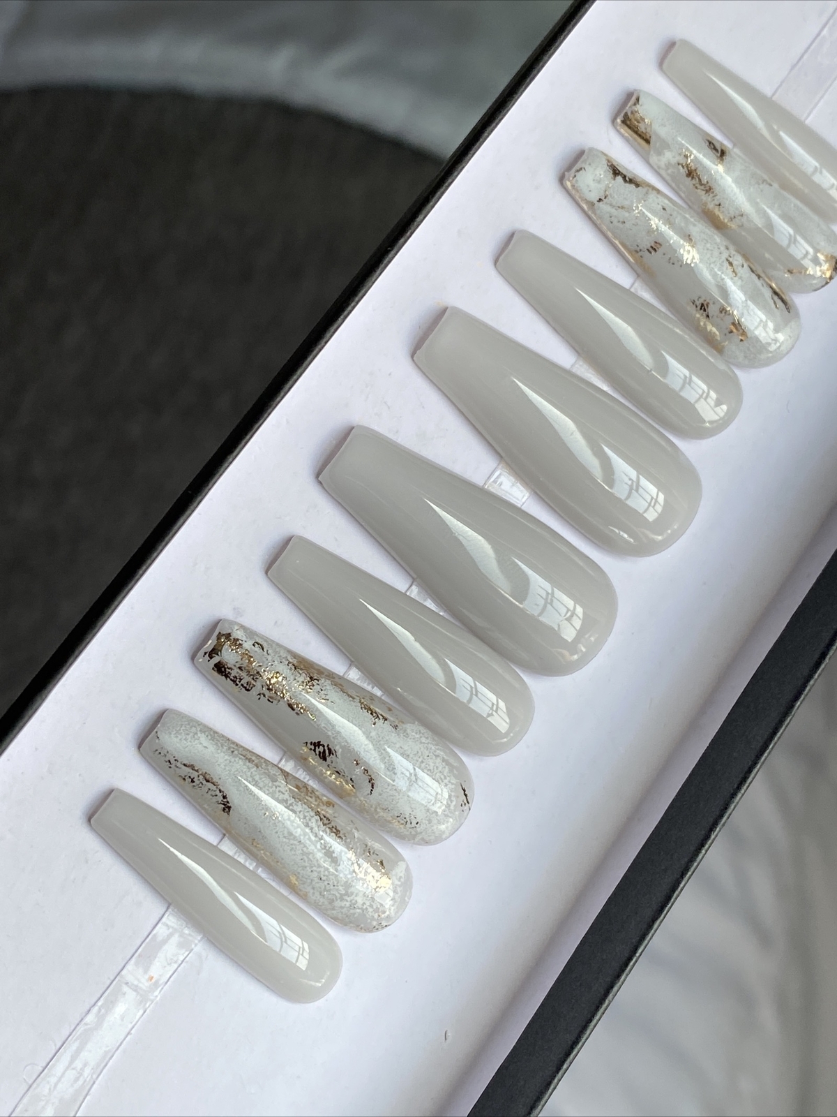 🔥CUSTOM Gel Press On False Nails, Sheer Light Grey GOLD flakes, 10p W FULL KIT