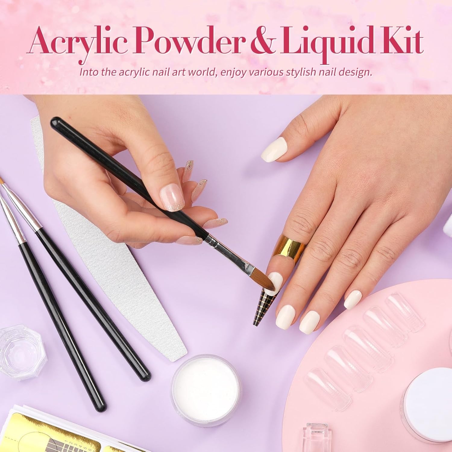 Luxury Acrylic Nail Kit: Pink, White, Clear Powder & Monomer for 40 Perfect Tips