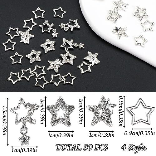 30PCS Star Nail Charms 3D Alloy Nail Art Charms 4 Styles Silver Stars Nail