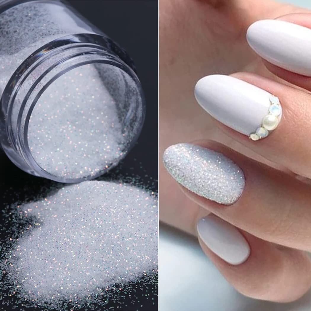 2 Boxes Holographic Nail Glitter Powder White Black Shining Sugar,1Pcs Soft Nail