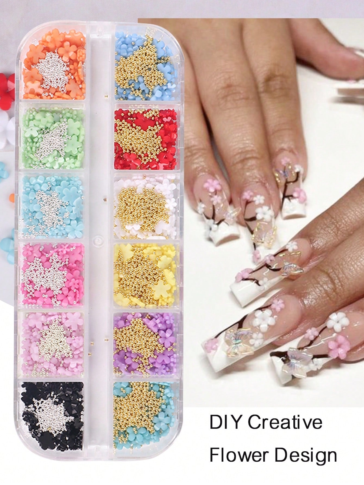 12 Grids 3D Acrylic Flower Nail Art Decoration, Mixed Size Colorful Flower Gold