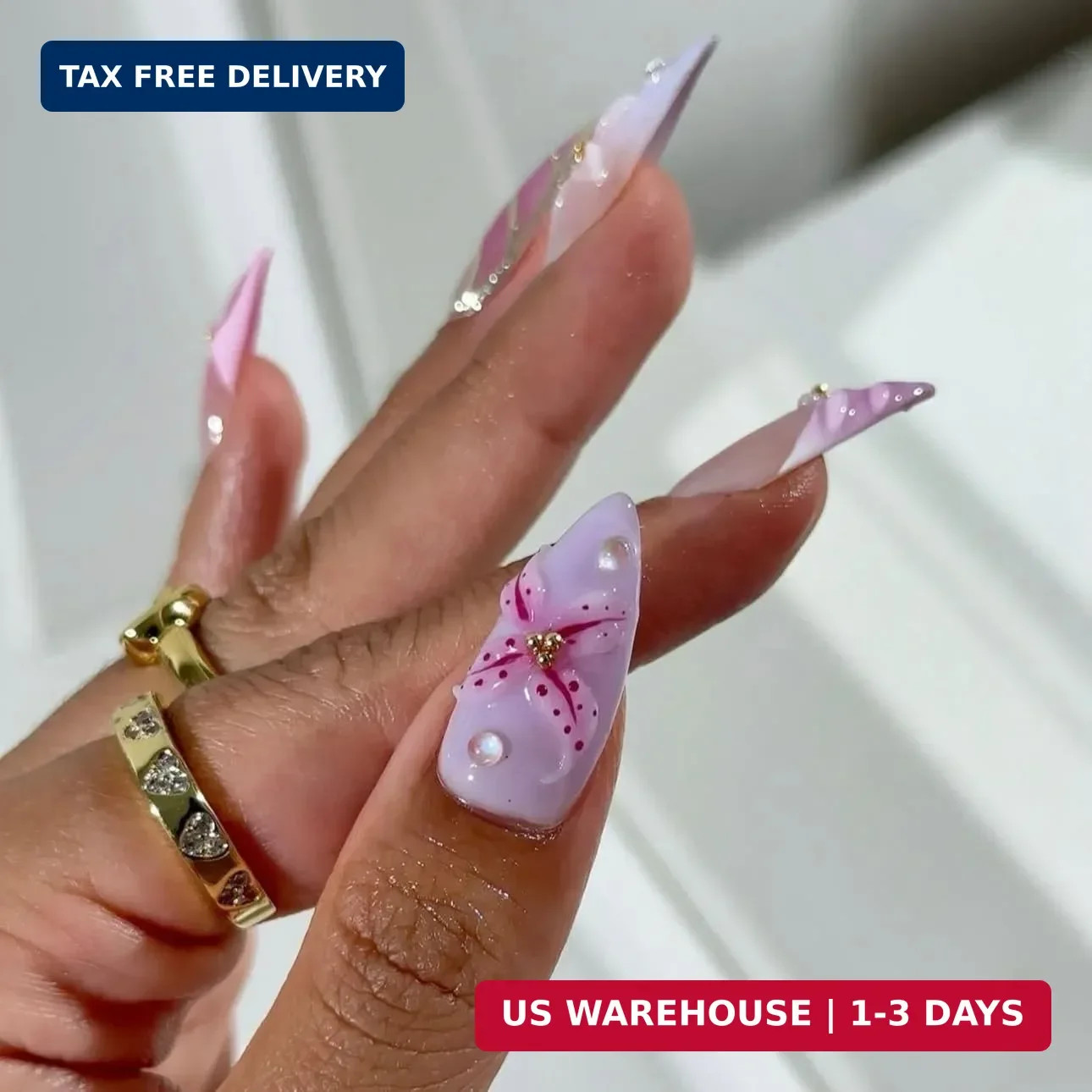 LPOODDNU Purple Pink Press on Nails Almond – Medium 3D Embossed Flower Fake Nail