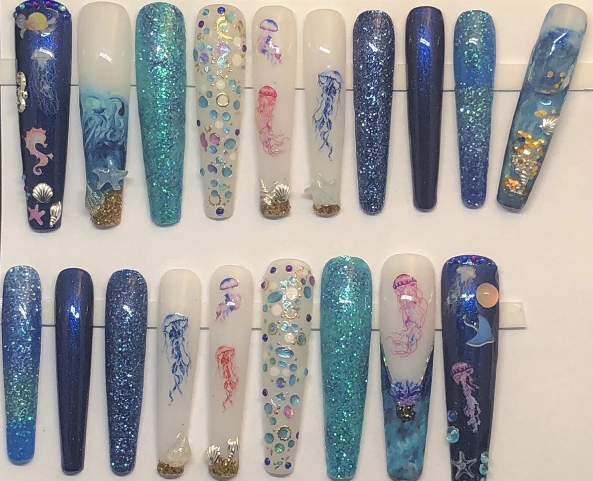 Custom Handmade Press On Nails 2X Long Coffin Blue Summer Ocean Beach Nails