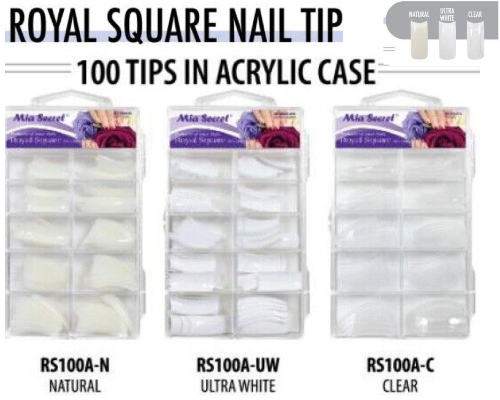 Mia Secret Nail Tips ROYAL SQUARE- Natural+ Ultra White +Clear ( 100 TIPS )