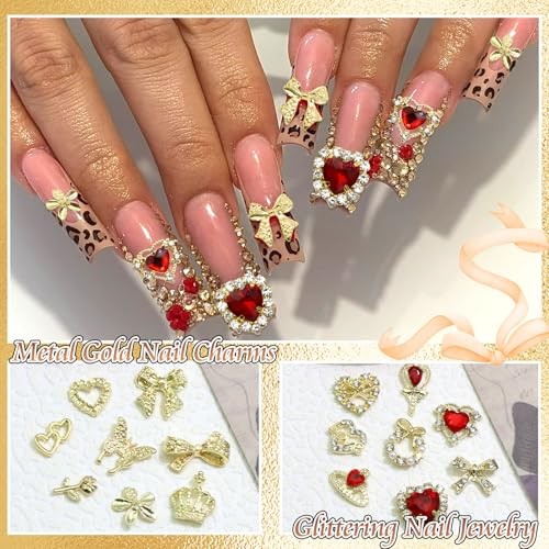 96PCS Gold Bows Nail Charms Red Heart Gems Nail Art Charm Nail Jewels Gold&Red