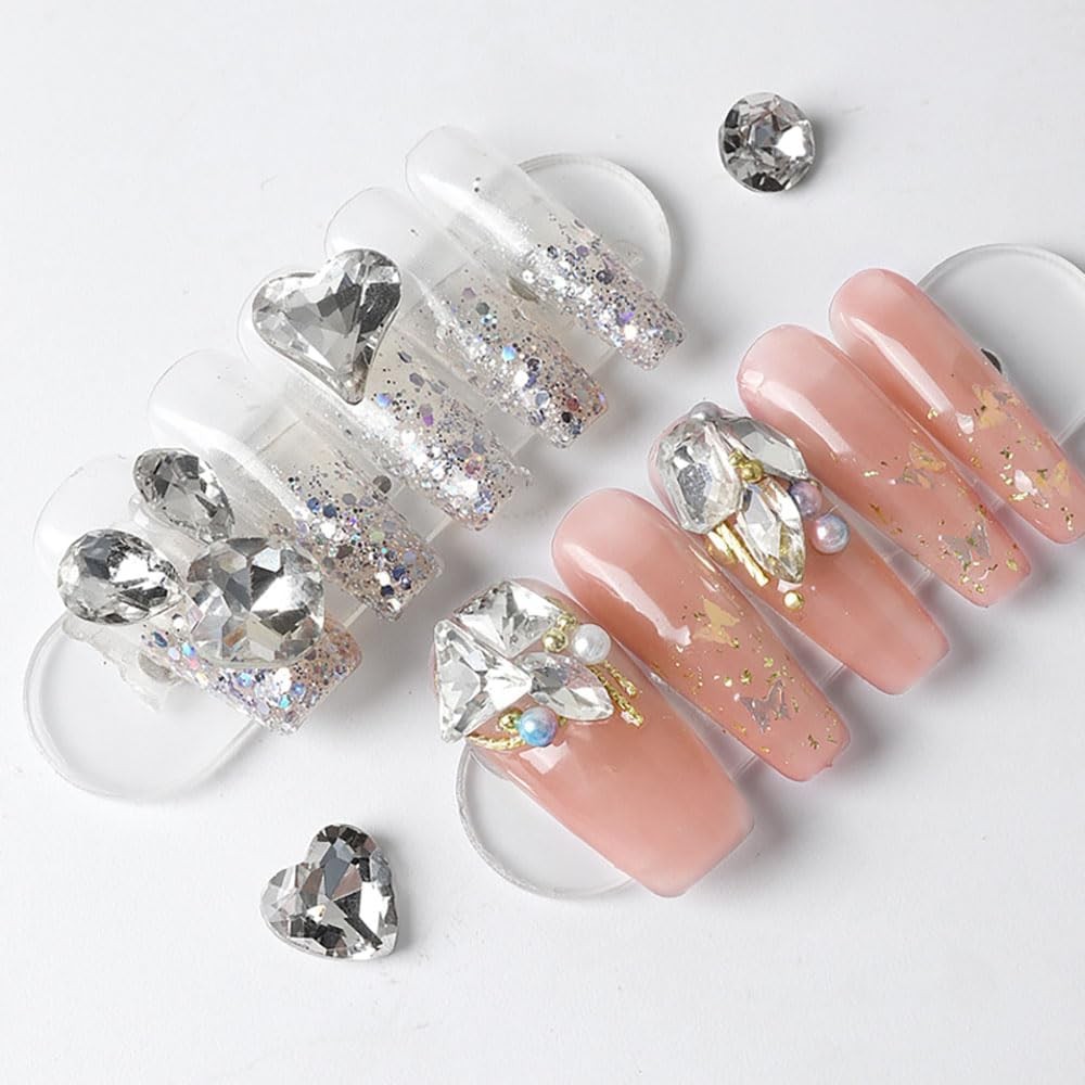 48Pcs Clear White 3D Nail Rhinestones Charms, Heart Butterfly Star Flower