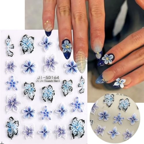 5D Flowers Nail Art Stickers, 5PCS Embossed Pink Blue Flowers Colorful-01