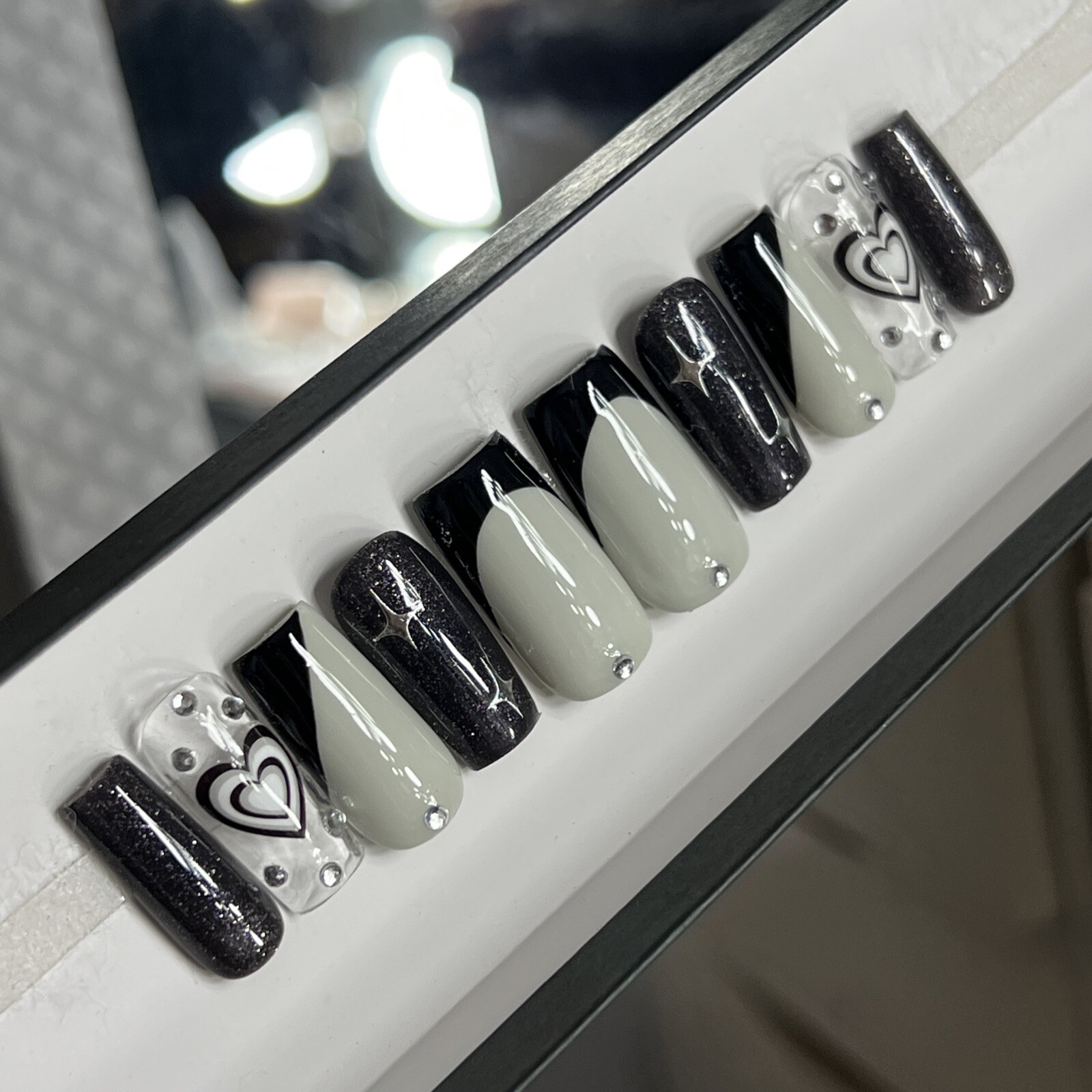 🤍 CUSTOM Hard Gel Press On Nails Black GREY HEART Bling 10p FULL SET SQUARE