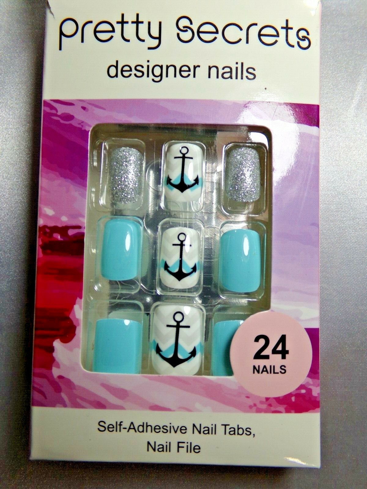 Set Finger & Toe Pretty Secrets Navy Anchors Sailor Aqua Blue Glue on Nail Short