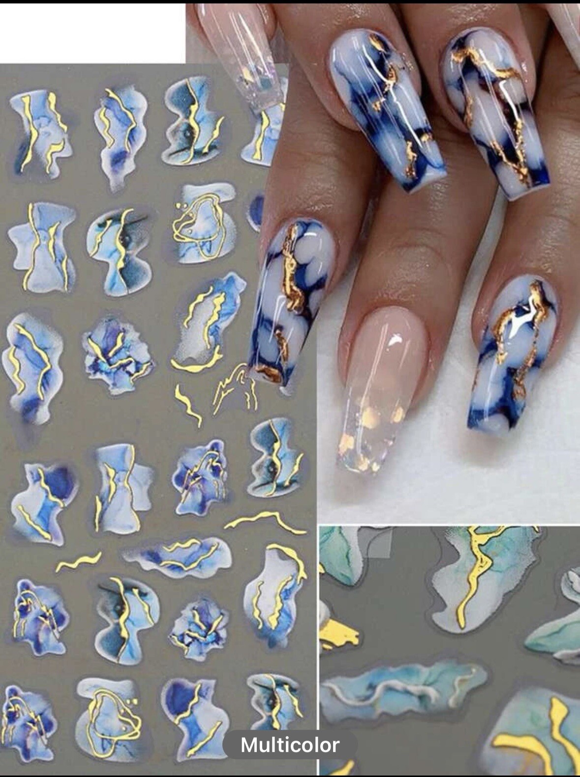 Nail Art Sticker Decal 3D Acrylic Blue Ink French Lines Marbles Golden Wave NS43