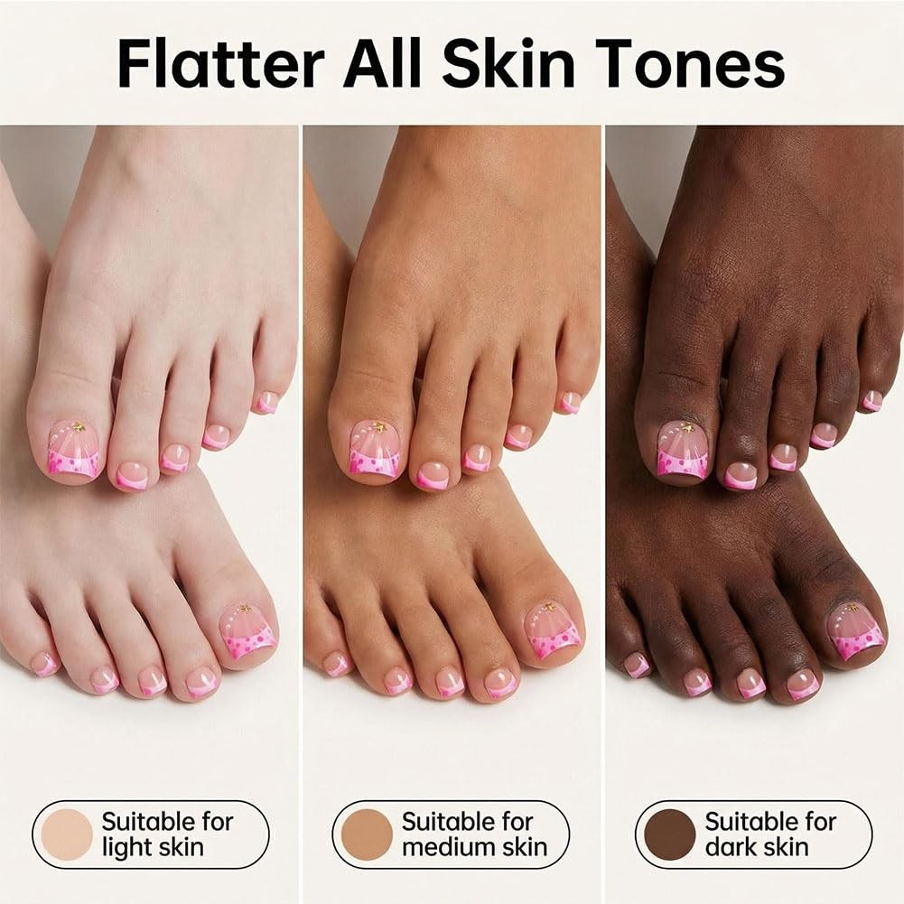 Press on Toenails, Hot Pink French Tip Fake Toe Nail with 3D Design, Glossy R…