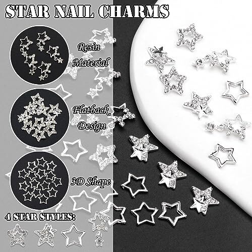 30PCS Star Nail Charms 3D Alloy Nail Art Charms 4 Styles Silver Stars Nail