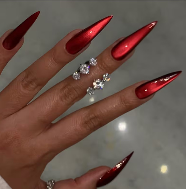 24 Pcs Press-on Nails Long Stiletto Red (Burgundy) Cateye See All Photos
