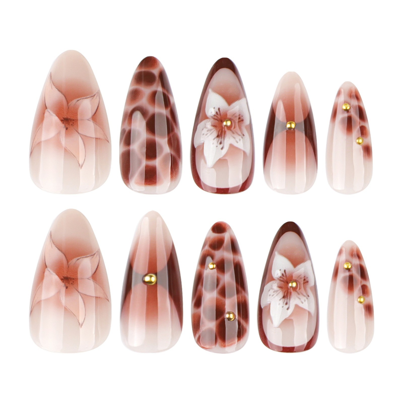 24pcs Chocolate Brown 3D Floral French Press on Nails, Medium Almond Shape