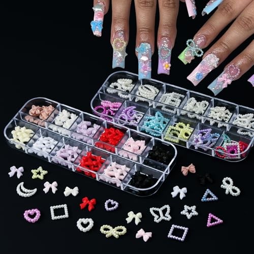 8 Boxes 3D Nail Charms Gems Bulk Flat Back Pearls Stars Flowers Bows Accessories