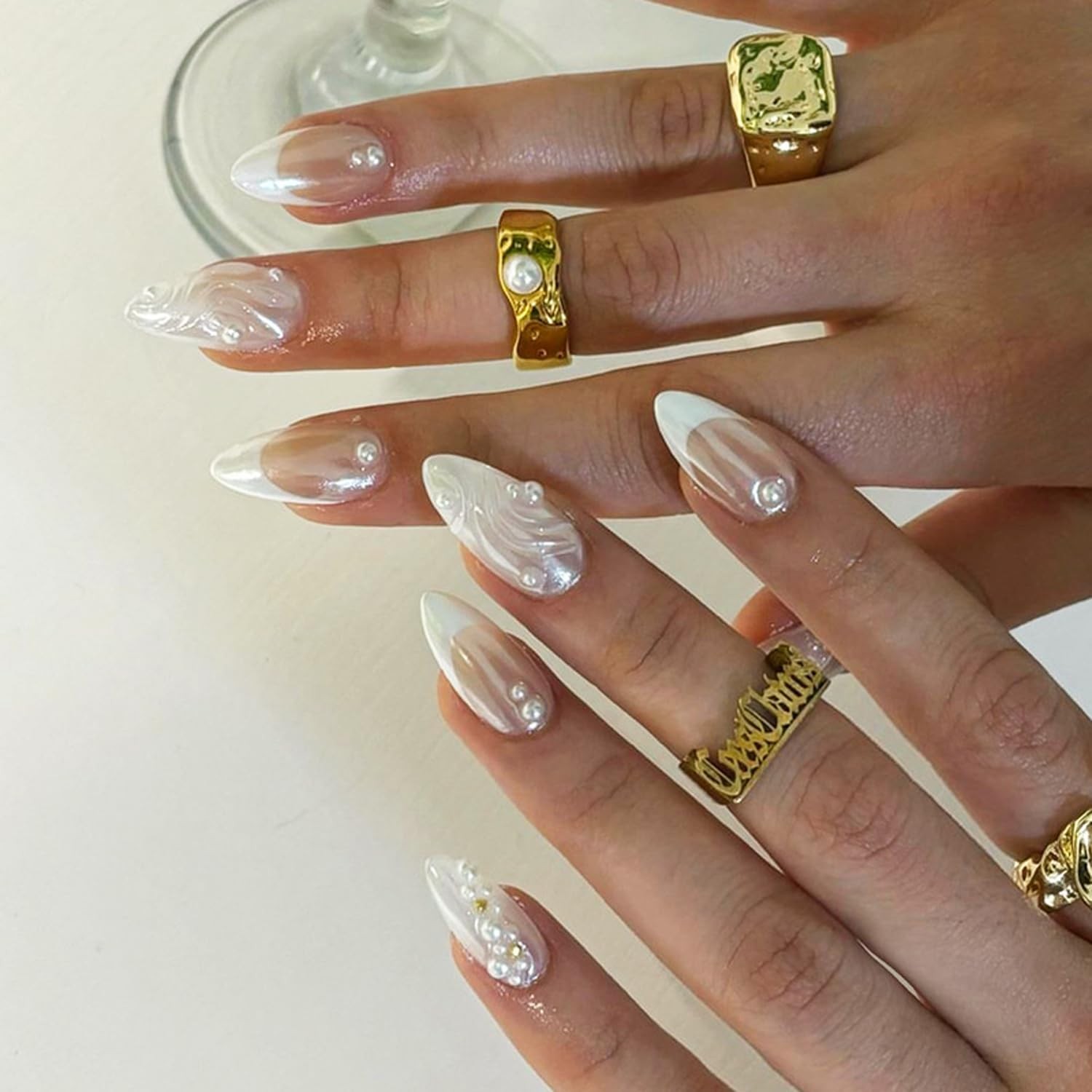 Almond Press on Nails Medium Fake Nails with 3D Pearls Designs White Gradient…