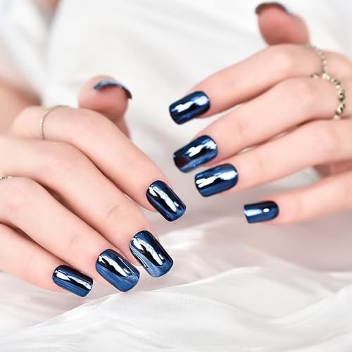 Glossy Metallic Dark Blue Mirror Press On Nails – Soild Color – Short Fake
