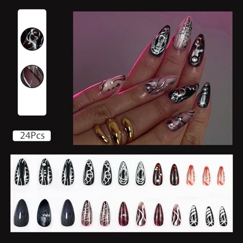 Goth Red Black Press on Nails Almond Medium Acrylic Fake Nails 04-Black Red